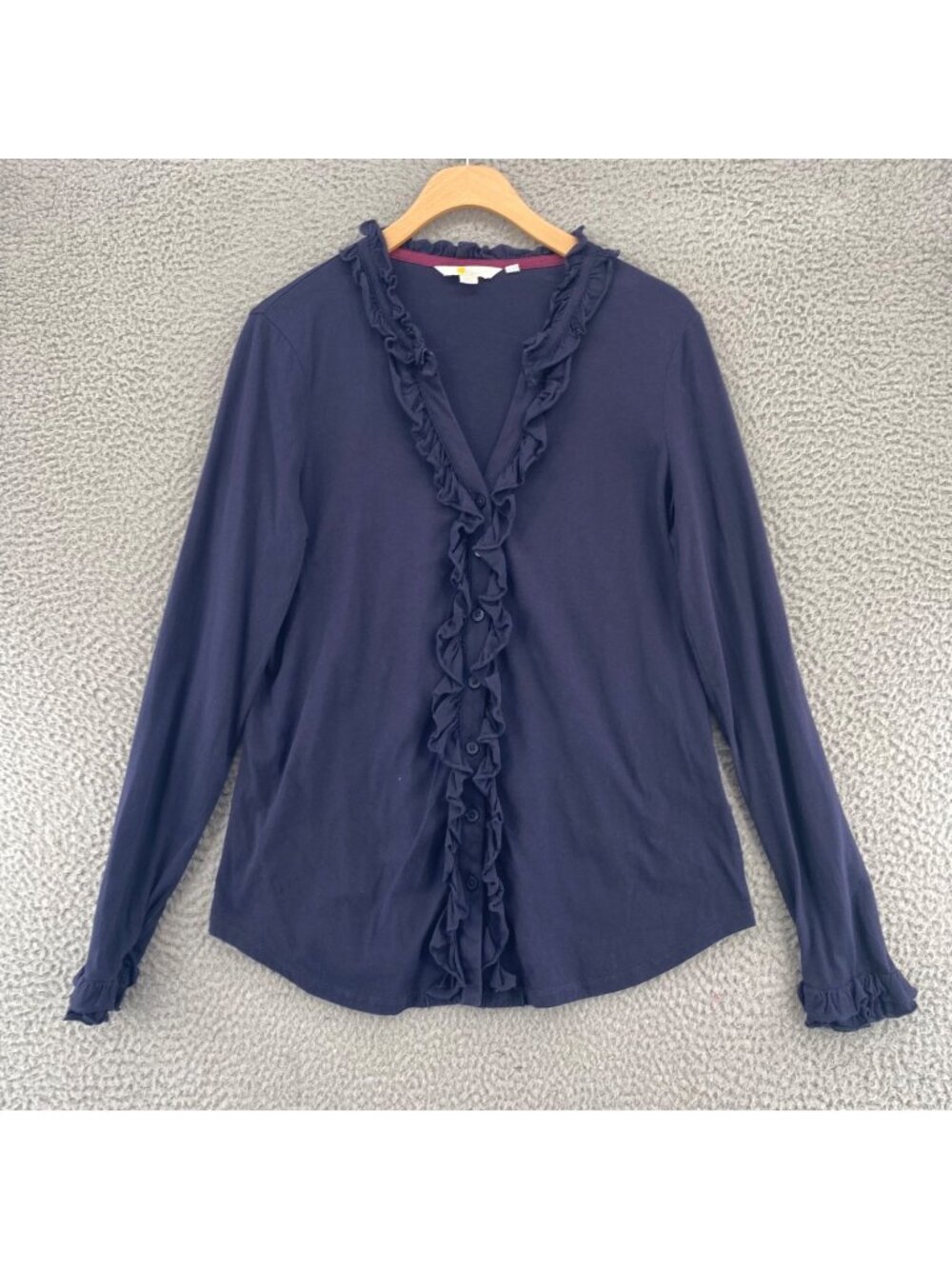 Boden Top Womens 10 Navy Stretch Knit Ruffled Split Neck Button Up Long Sleeves*